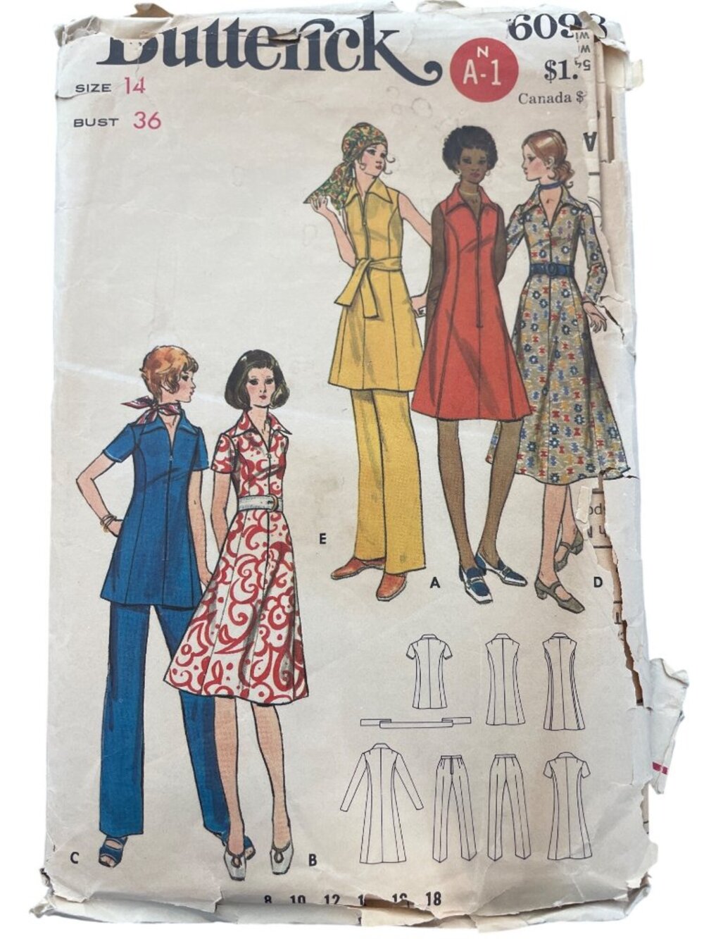 Vintage Butterick 6098 Sewing Pattern Size 14 One Piece Dress Tunic & Pants CUT